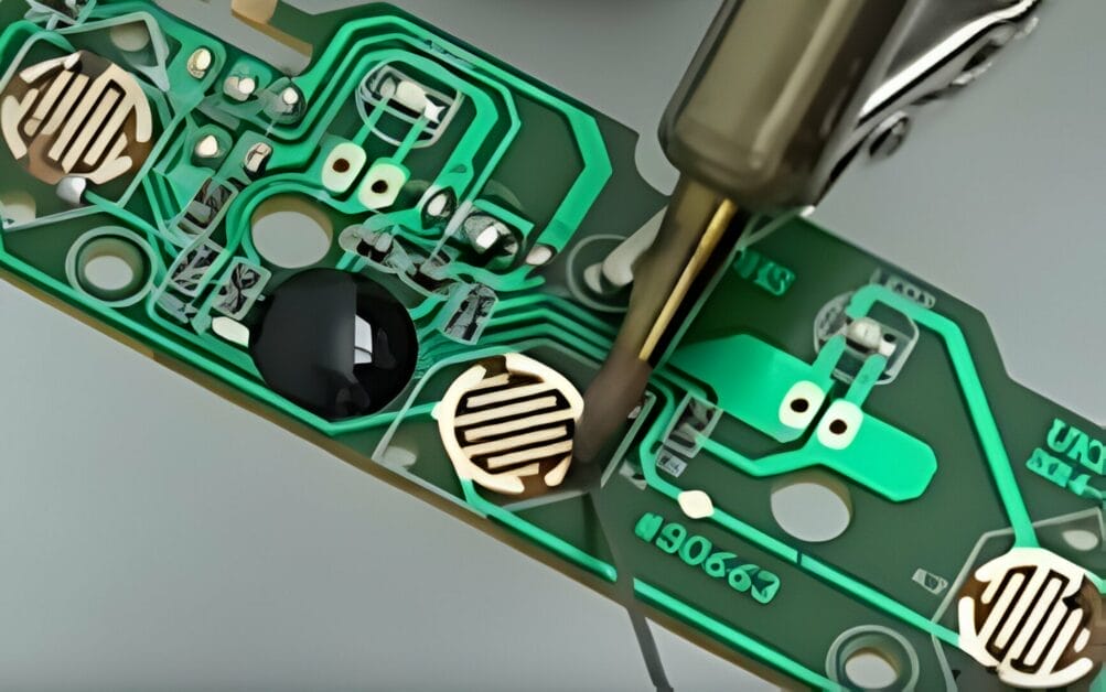 A close up of a PCB board being soldered