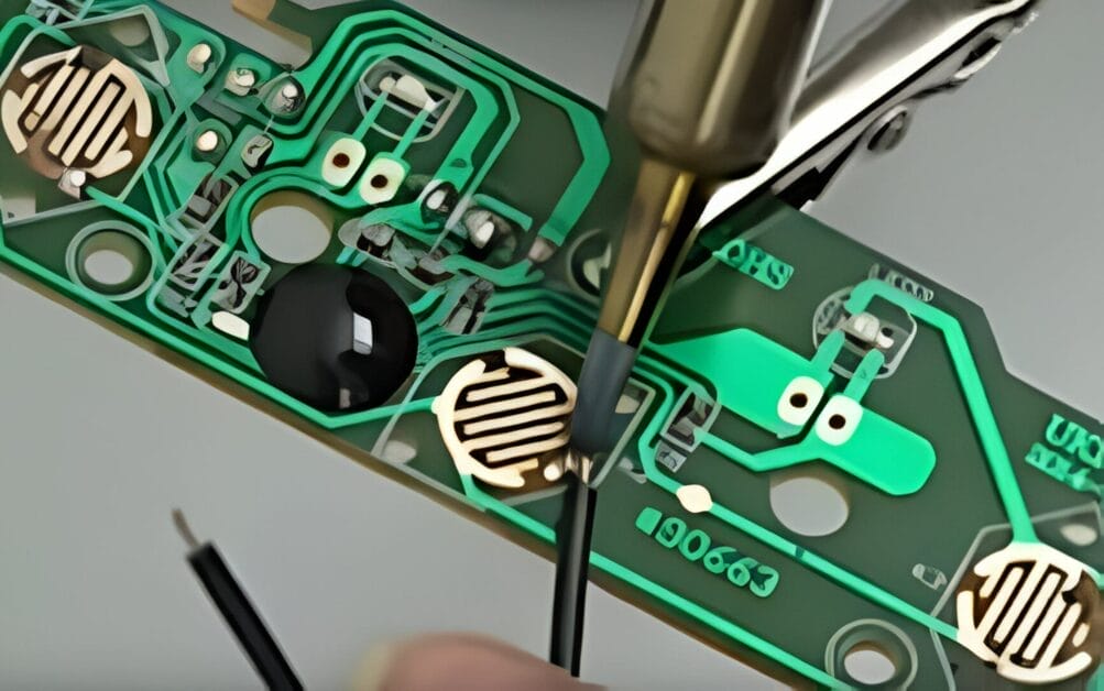 A person soldering a wire into the circuit board