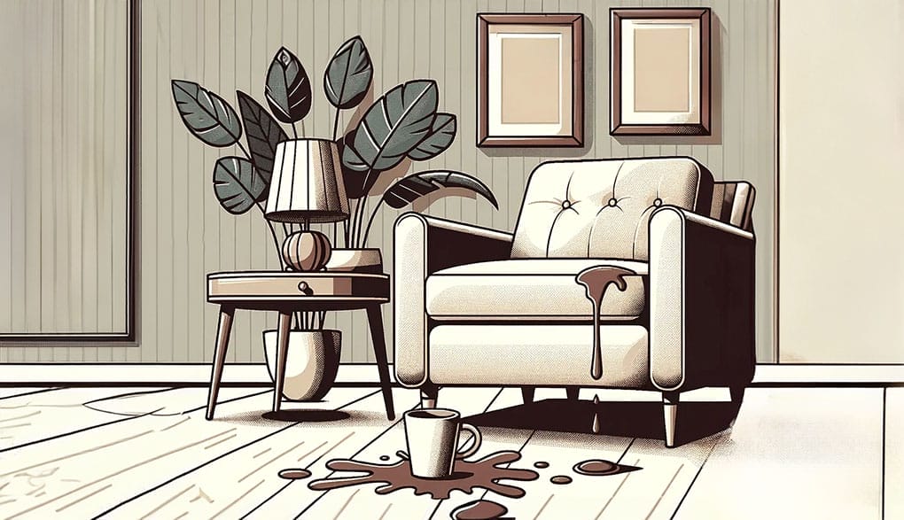 A cartoon illustration of a living room with spilled coffee on the couch and floor