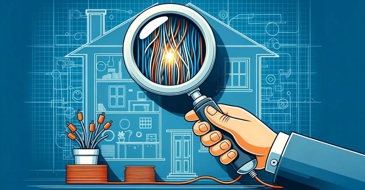 An illustration image of a hand holding a magnifying glass over a house