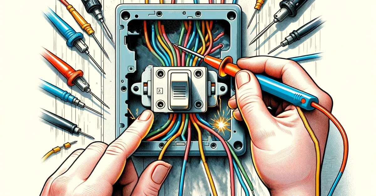 A step-by-step guide on how to wire a light switch from a plug socket, with an accompanying illustration of a person inserting wires into the switch.