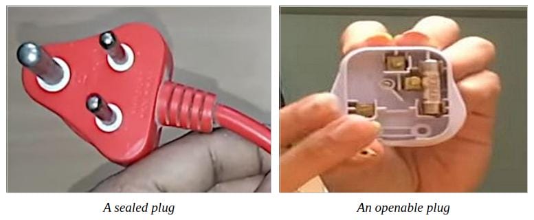 A collage image of a sealed and openable 3-prong plug