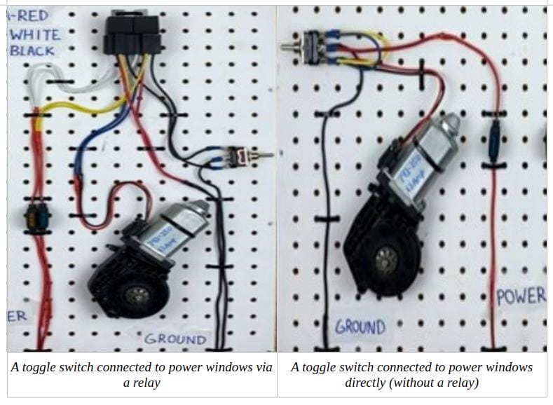 A diagram demonstrating how to wire power windows to a toggle switch, along with a peg board