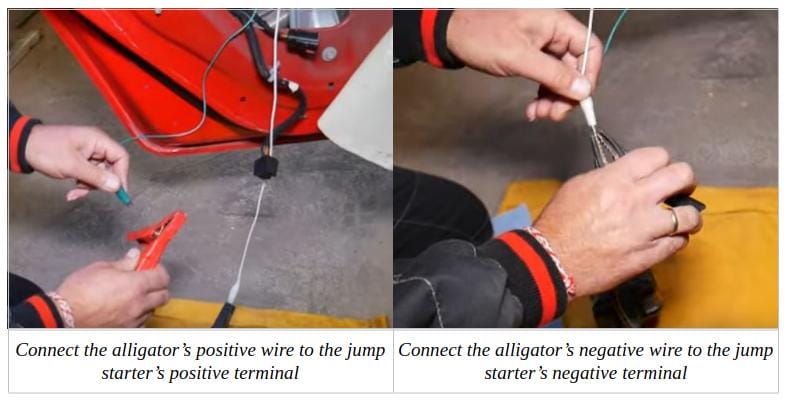 A collage of image showing a person connecting the alligator's positive and negative wire to its terminal
