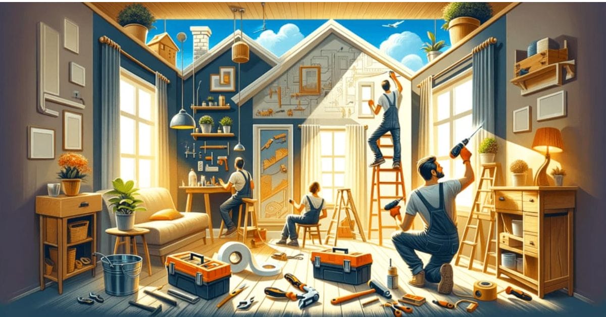 A cartoon illustration showcasing people working on a house