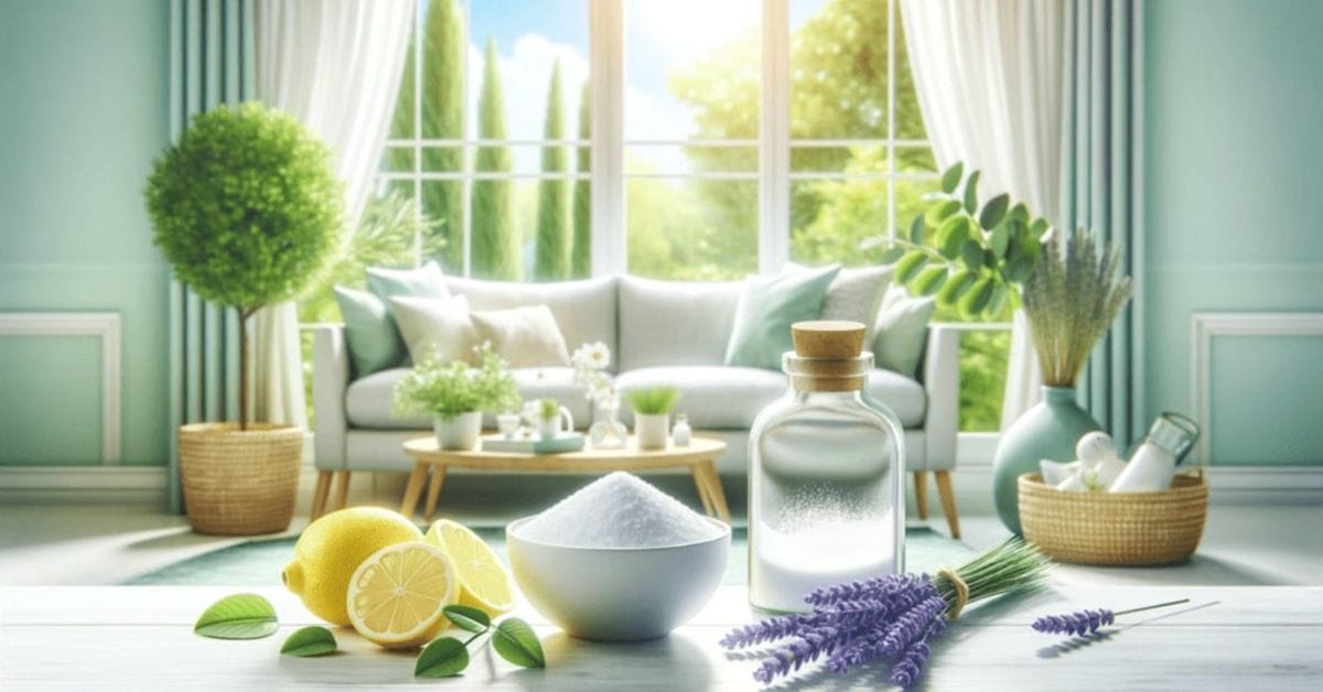 A living room with lemons, bowl of baking soda, and lavender on the table