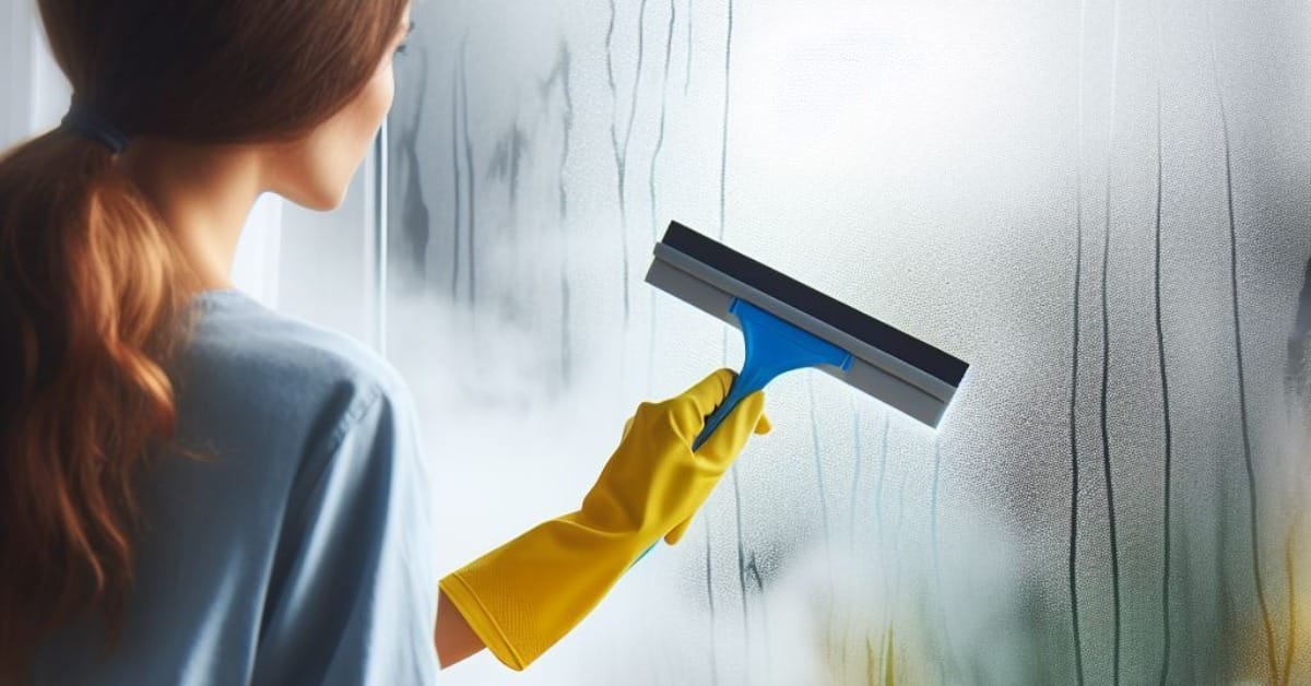 A woman wiping the frosted window
