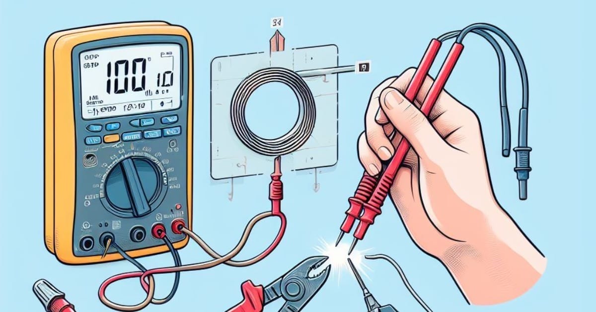 An illustration of a person using a multimeter to test wires and outlet