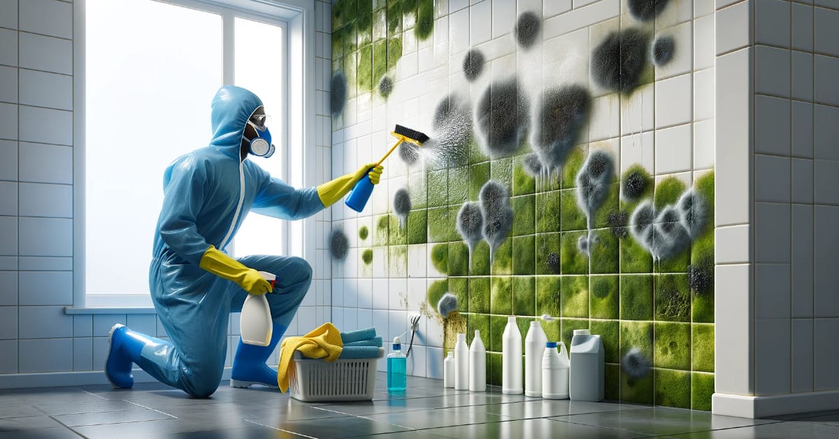 A man in safety suit spray-cleaning a dirty molded wall
