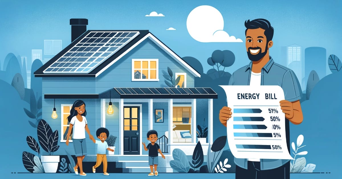 An illustration of a family standing in front of a home with the father holding an energy bill document