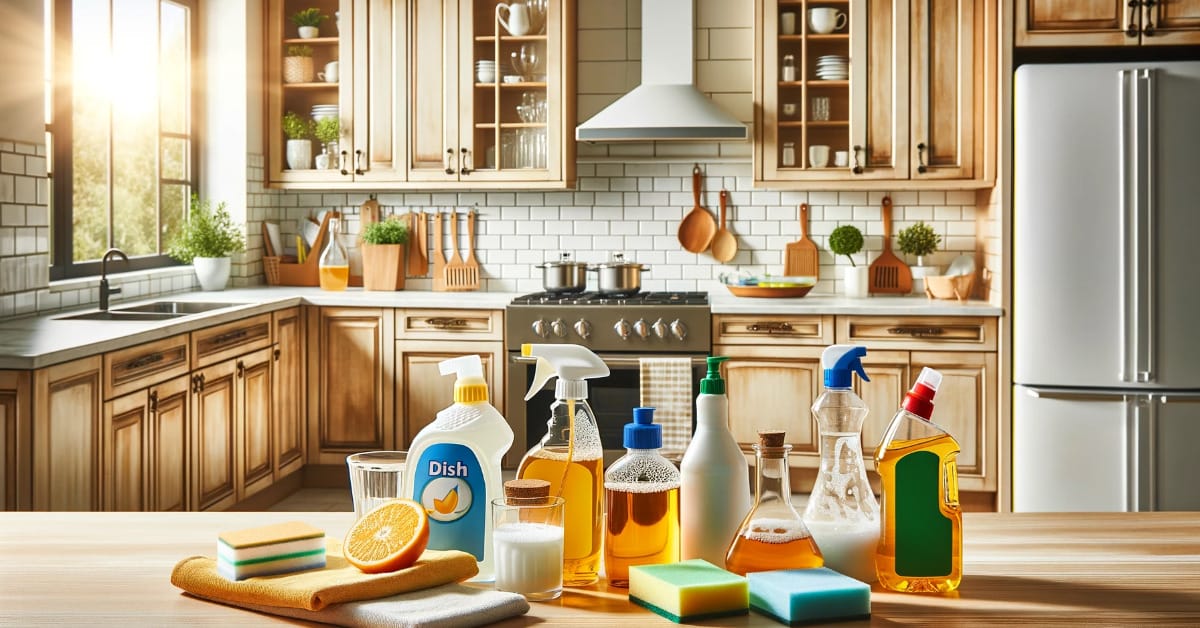 Cleaning products on a wooden table in a kitchen