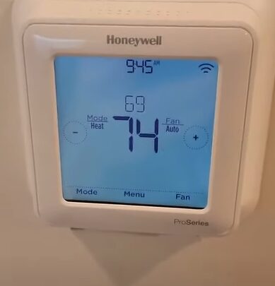 A Honeywell thermostat at 74 degrees
