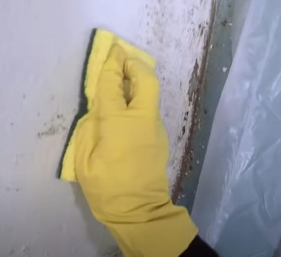 A person wearing yellow gloves scrubbing the dirty wall