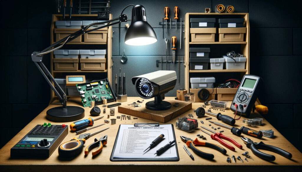 A desk full of tools and cctv