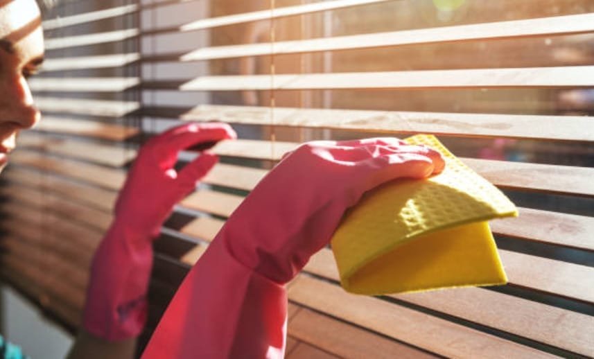 A woman in pink gloves cleaning the window blinds using a yellow clothe