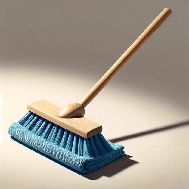 A blue broom brush with a wooden handle