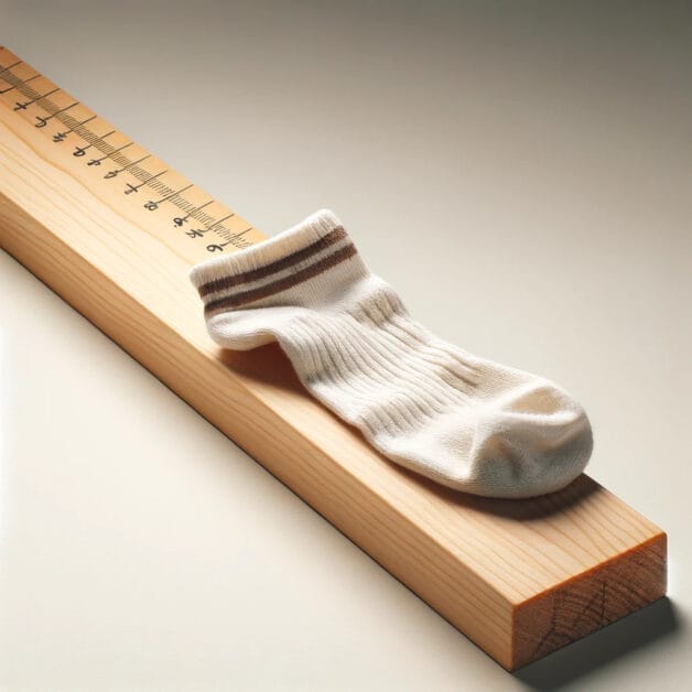 A wooden ruler stacked with a sock