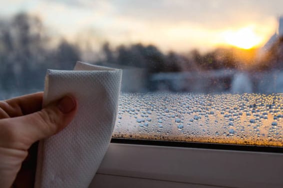 A person is wiping the moist on the window with a tissue paper