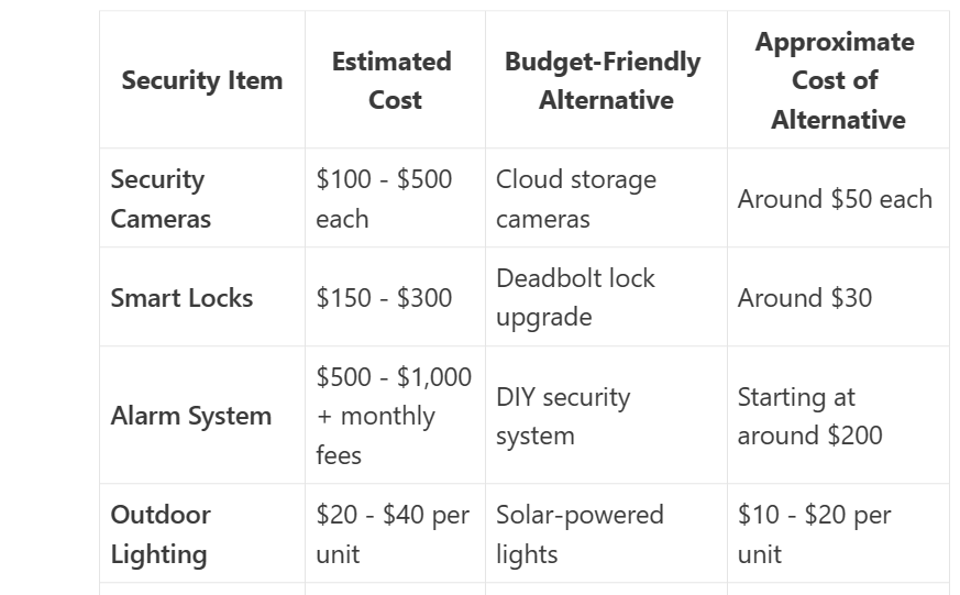 A table for a security items and its cost