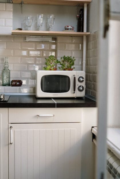 A small kitchen with a microwave and a plant on the counter