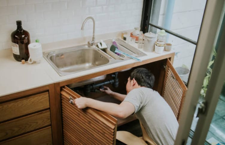 A man checking up the clog kitchen sink
