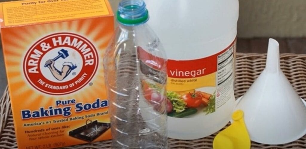 A box of ARM & HAMMER pure baking soda, gallon of vinegar, cylindrical cup, balloon and an empty plastic bottle in a table