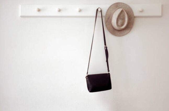 A black handbag and a hat next to it hanging on rack mounted at a wall