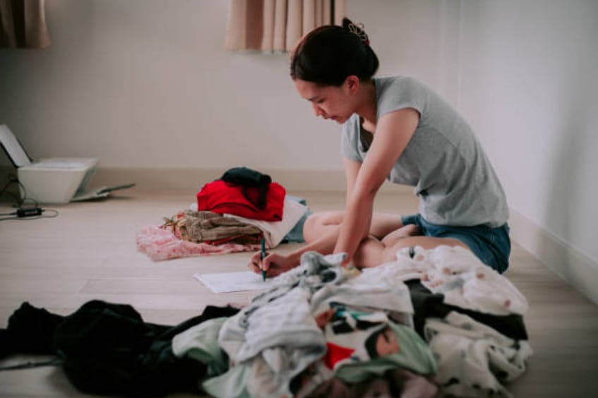 A woman sits on the floor and writes on a piece of paper while surrounded by mountain of clothes