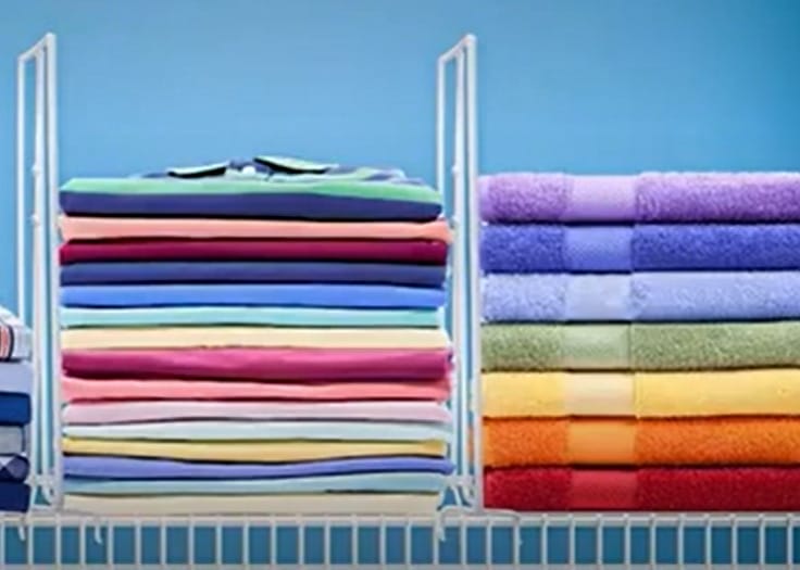 A stack of colorful towels on a wire rack organizer