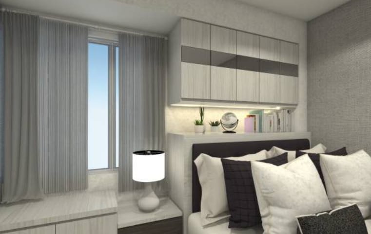 A 3D rendering of a bedroom with a shelves and at the headboard section 
