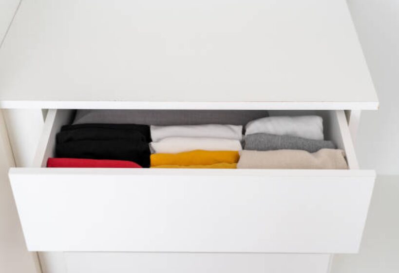A drawer with a meticulously organized collection of clothes