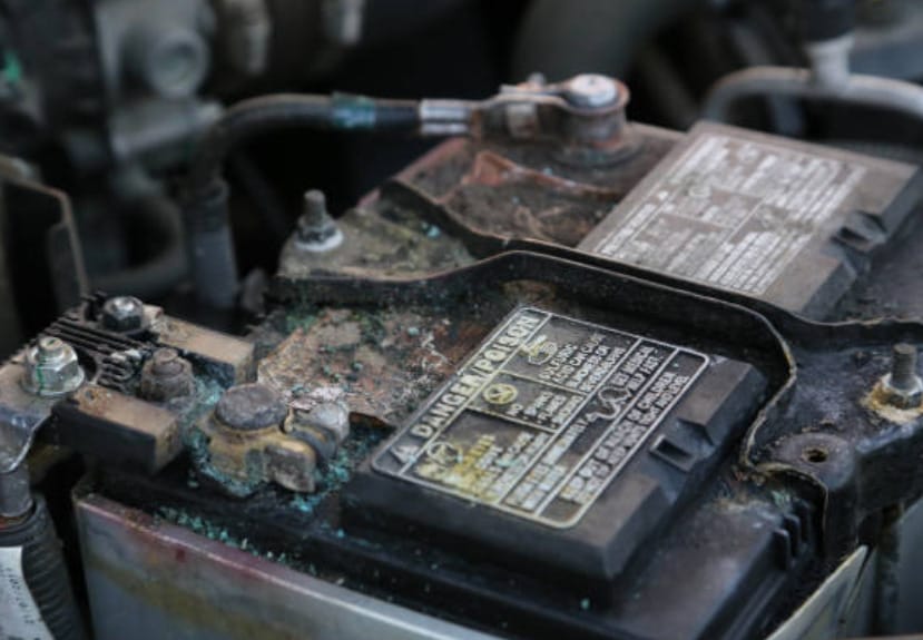 An old and rusty car battery