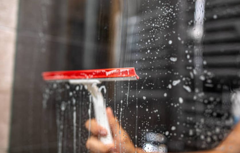 A person using a Squeegee to clean the shower door glass