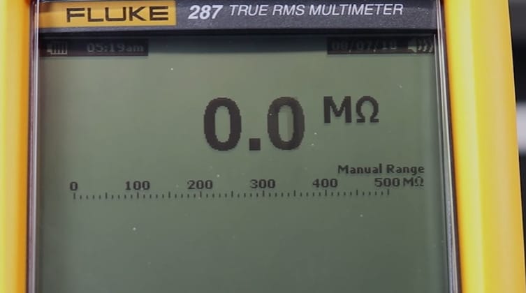 A Fluke TRUE RMS multimeter at 0.0 reading