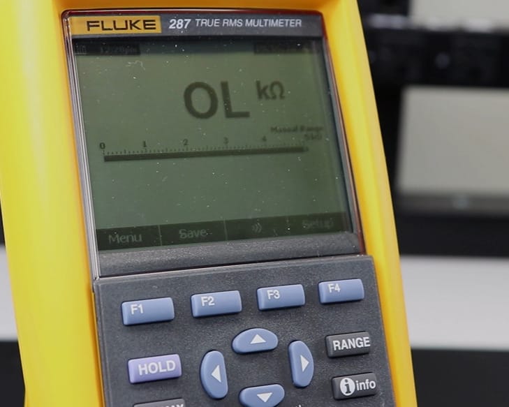A Fluke TRUE RMS multimeter with OL on the screen