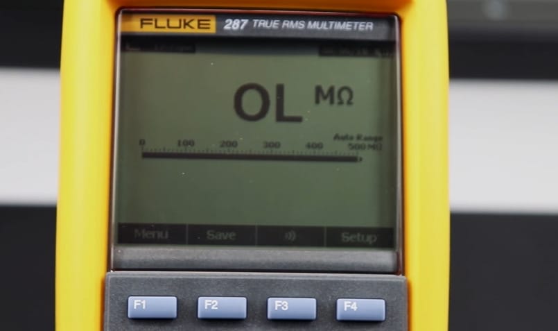 A Fluke TRUE RMS multimeter with OL on the screen