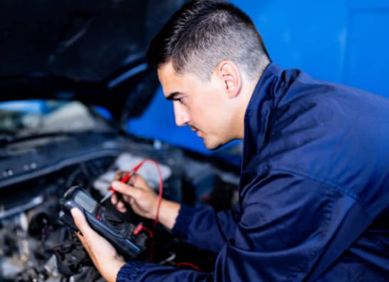 A mechanic using a multimeter to test the car battery