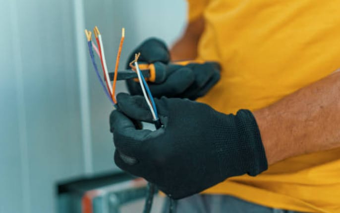 A man in black gloves cutting and stripping wires