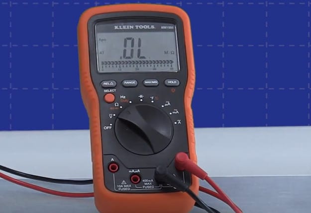 A multimeter displaying OL on the screen