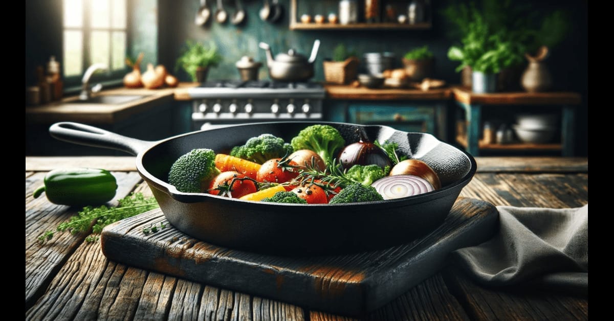 A frying pan full of vegetables on a wooden table