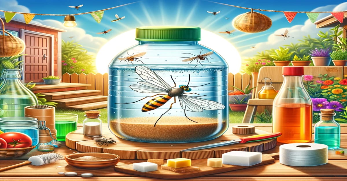 An illustration of a big jar in a table with a trap insects in it