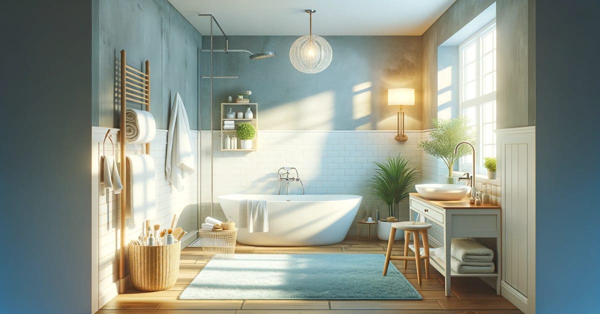 A 3D rendering of a bathroom with a bathtub and sink