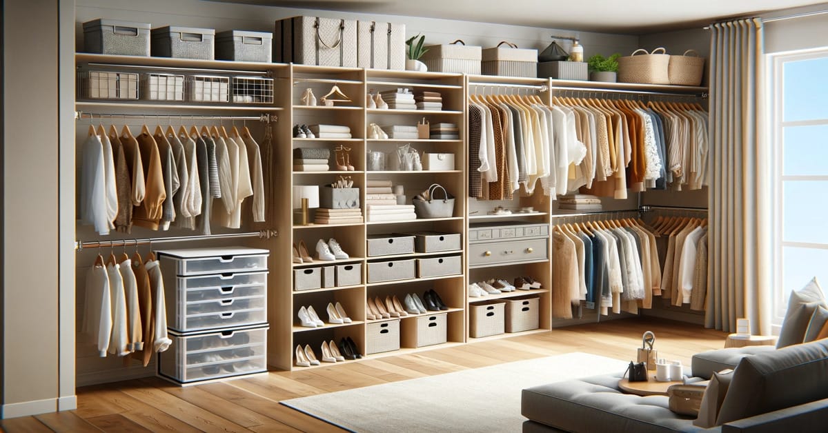 A clutter-free walk in closet with organized clothes and shoes