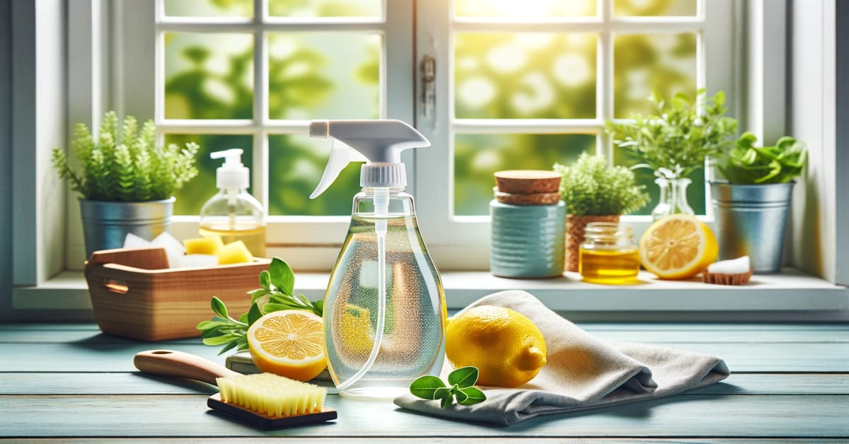 Lemons, herbs, and homemade cleaning supplies on a window sill