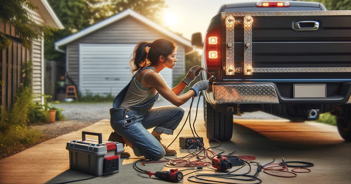 A woman meticulously wiring trailer lights on a truck in front of a garage