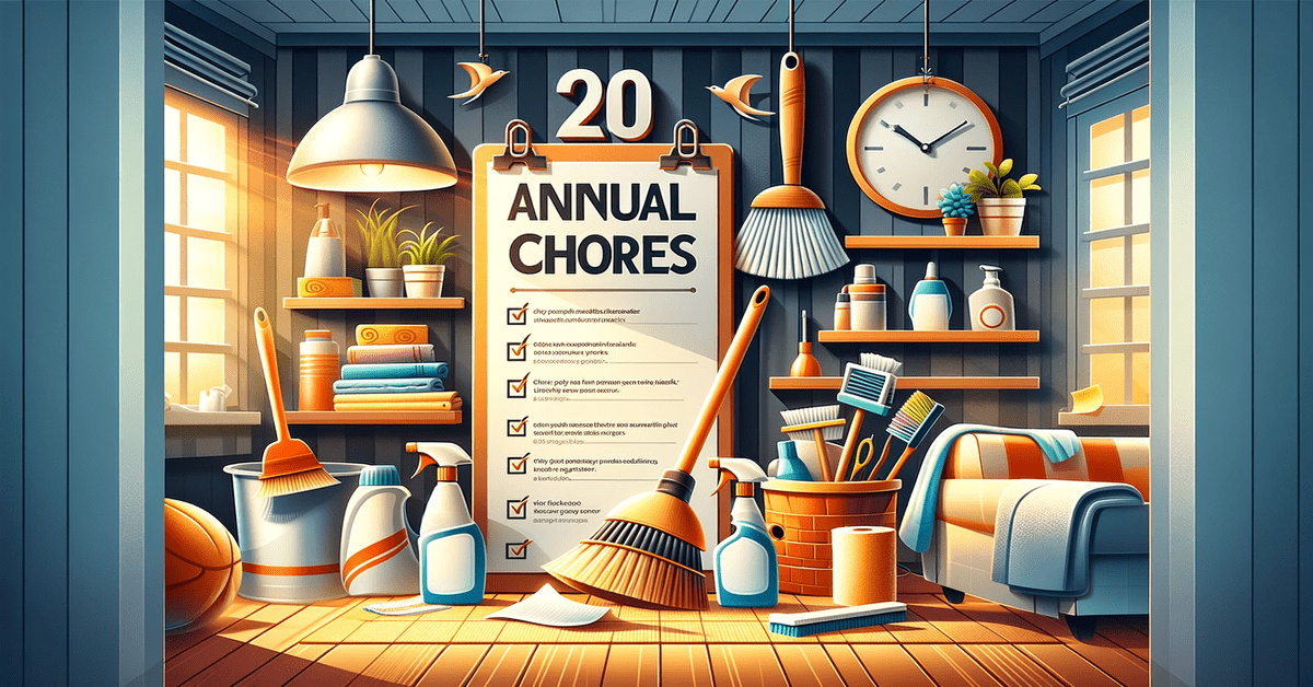 An illustration image of a home with cleaning tools and a big checklist board on the wall with words: ANNUAL CHORES