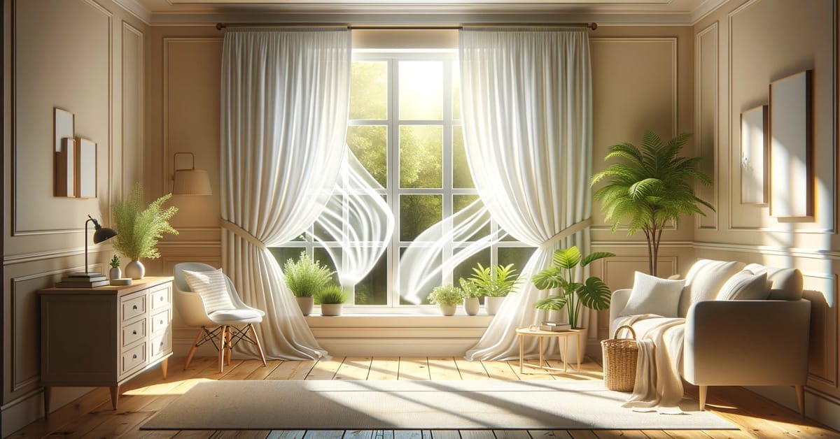 3D rendering of a living room with big window with curtains and plants