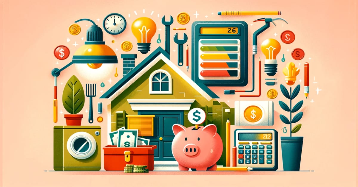 An illustration of a home with icons of piggy bank, calculators and others
