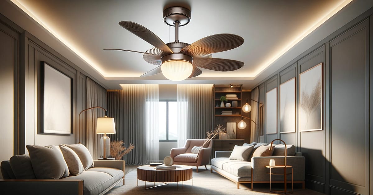 A modern living room with a ceiling fan with light