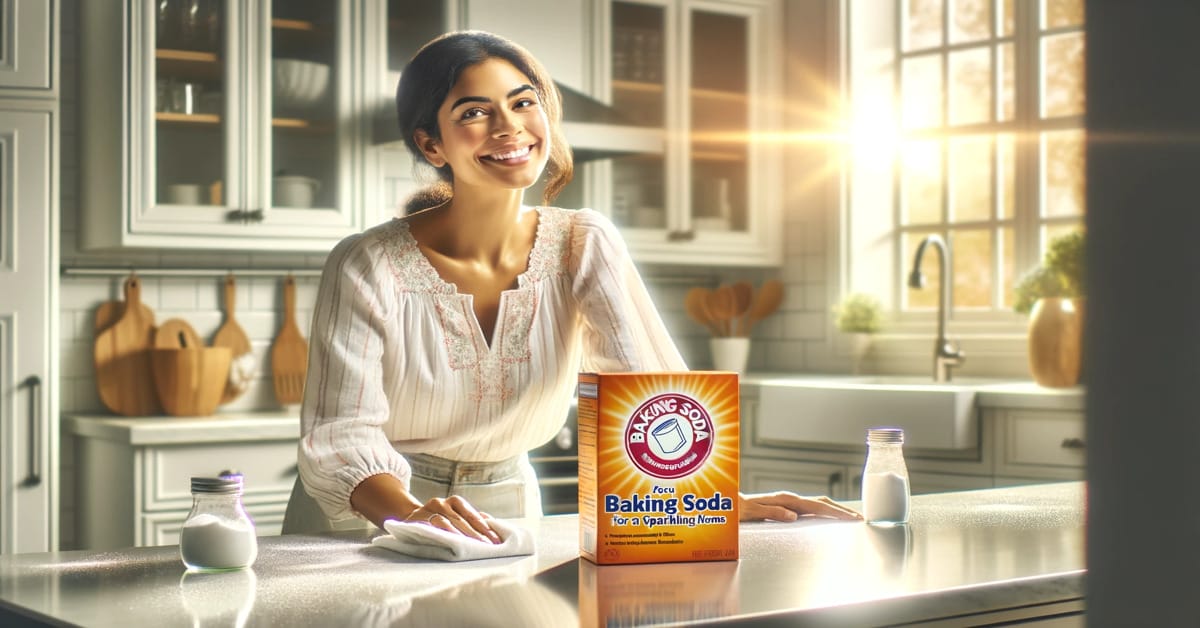 A woman is standing in front of a baking soda box smiling while cleaning the table sink